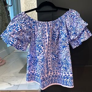 Pink and blue off the shoulder blouse